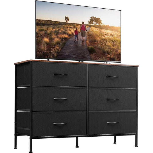 Black Rustic Dresser With TV Stand And Six Drawers