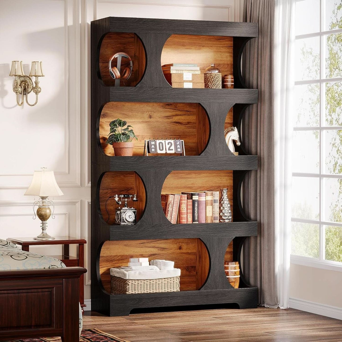 Blackened 71 Inch Tall Architectural Walnut Bookcase