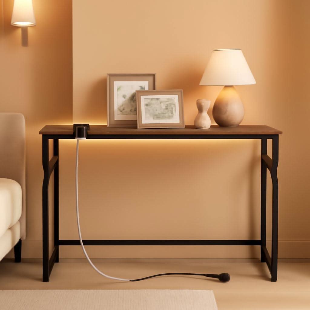 Sofa Console Table Integrated Charging Station Brown