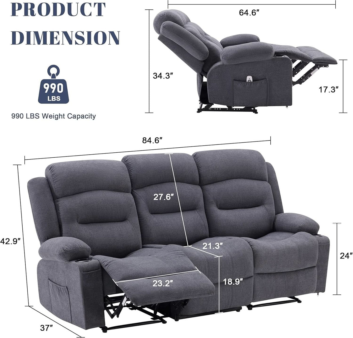 Grey Recliner Sofa With Therapeutic Massage Experience