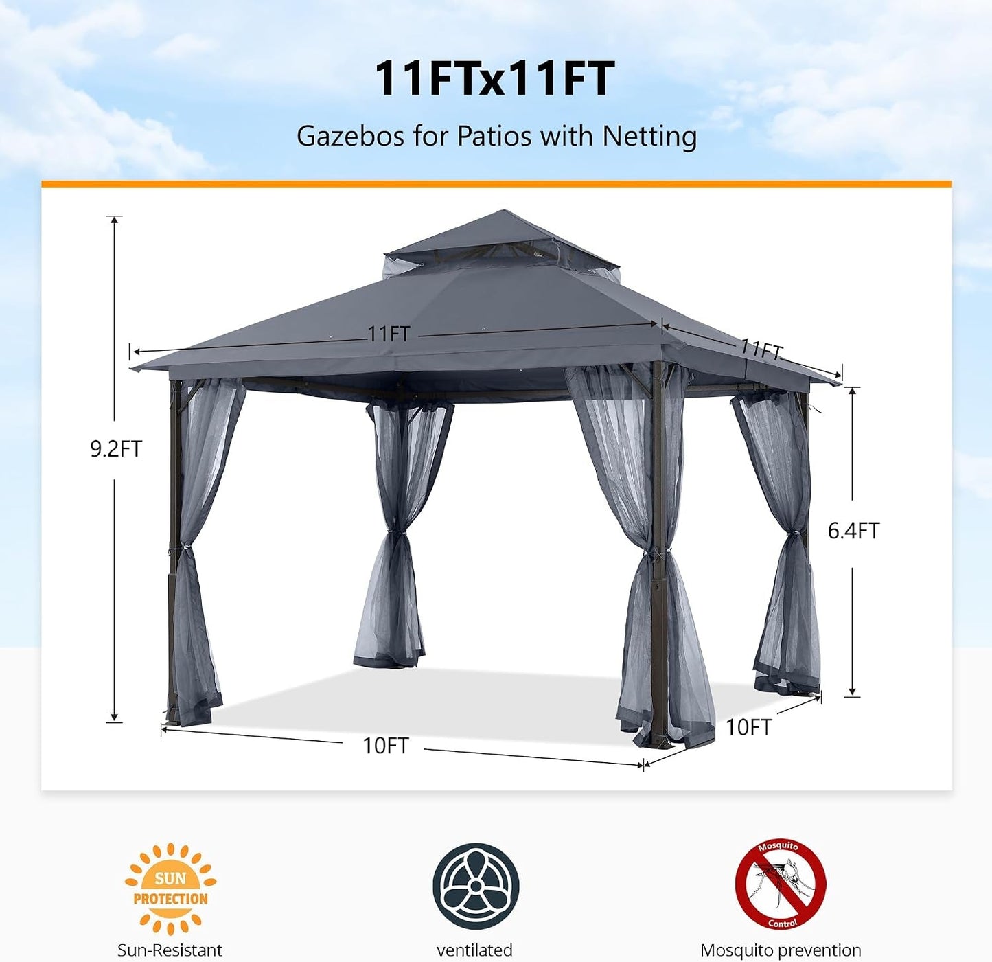 11x11ft Gazebo With Mosquito Netting Charcoal Gray