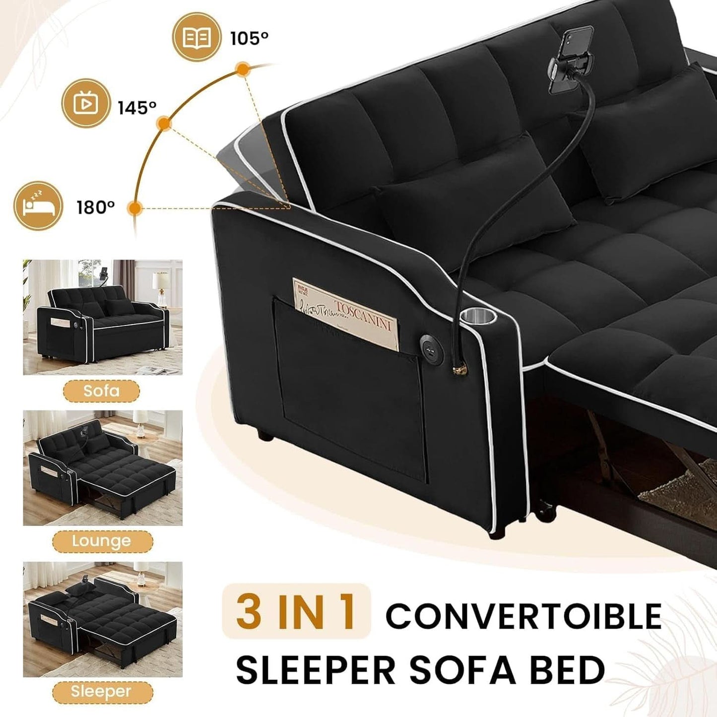 Black Velvet Luxe Sleeper Sofa Bed USB Charging Port