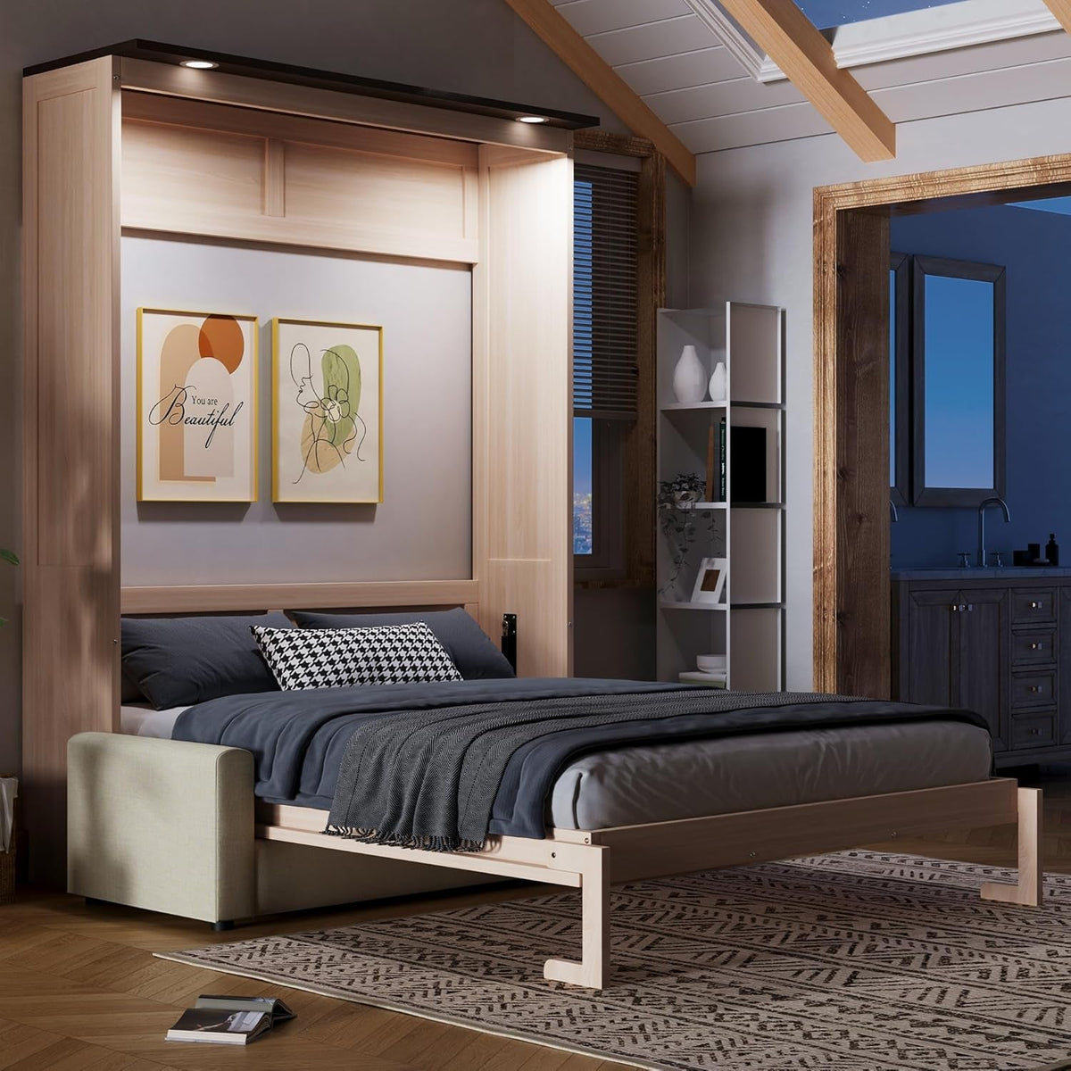 Queen Size Murphy Wallbed Beige With Convertible Sofa LED-2