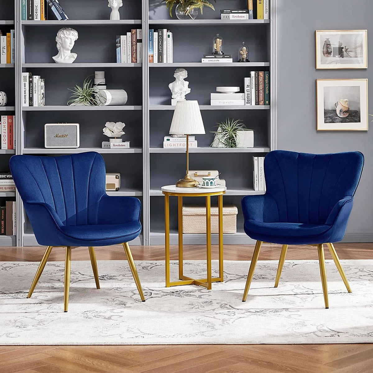 Blue Velvet Wingback Chair With Metal Legs For Living Room-4