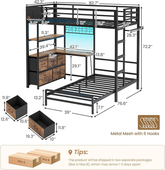 Black ExtraLongXL Over Twin Bunk Bed With LEDLightingStorage