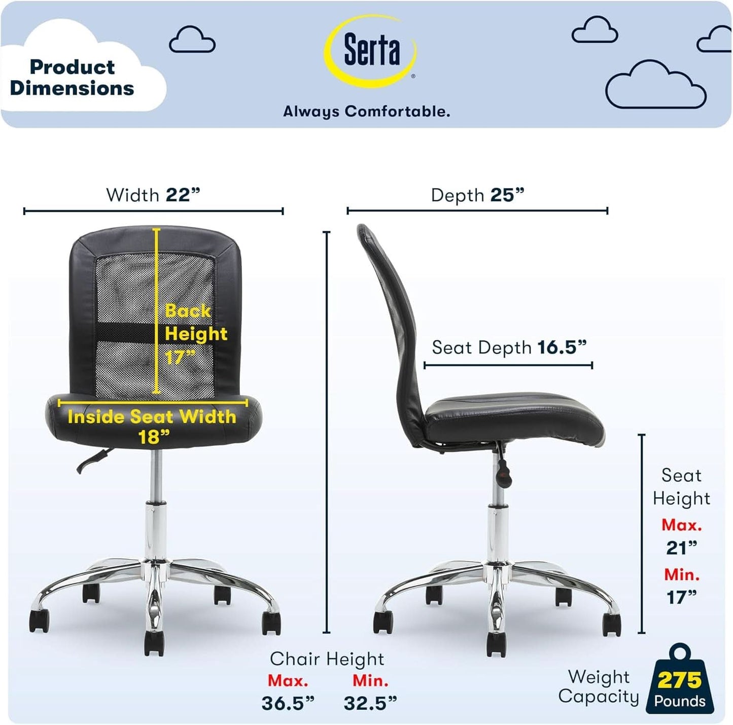 Armless Desk Chair With Mesh Back And Wheels Black