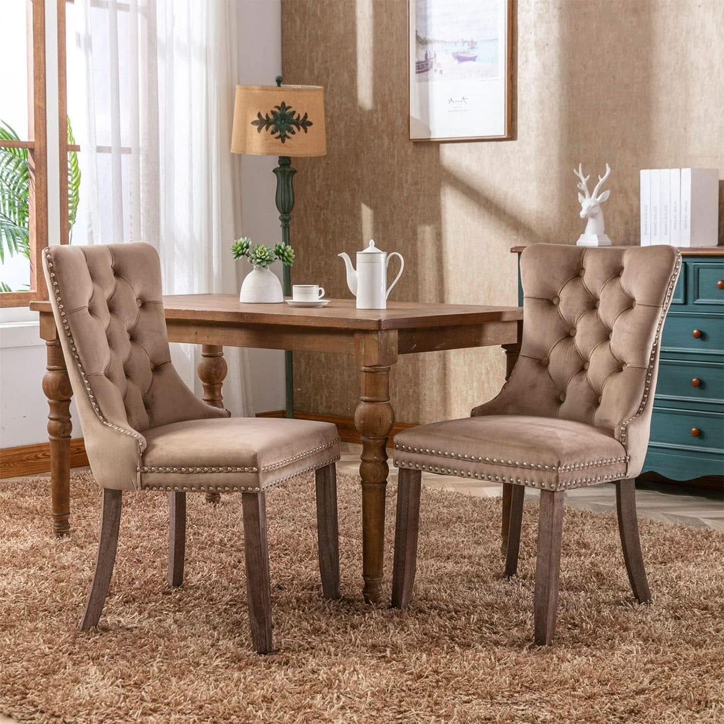 Khaki Velvet Dining Chairs Set Of 4 With Tufted Upholstery
