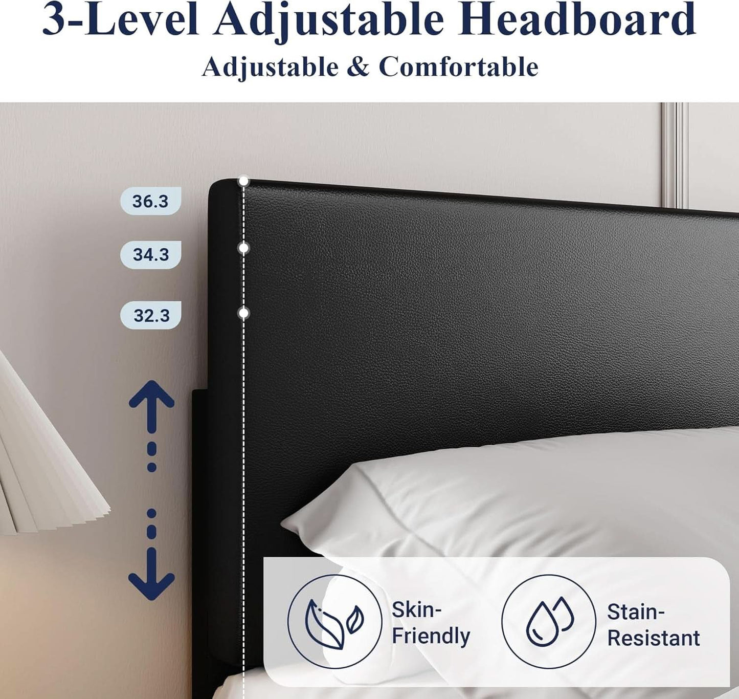 Queen Bed Frame Black Adjustable Headboard Faux Leather