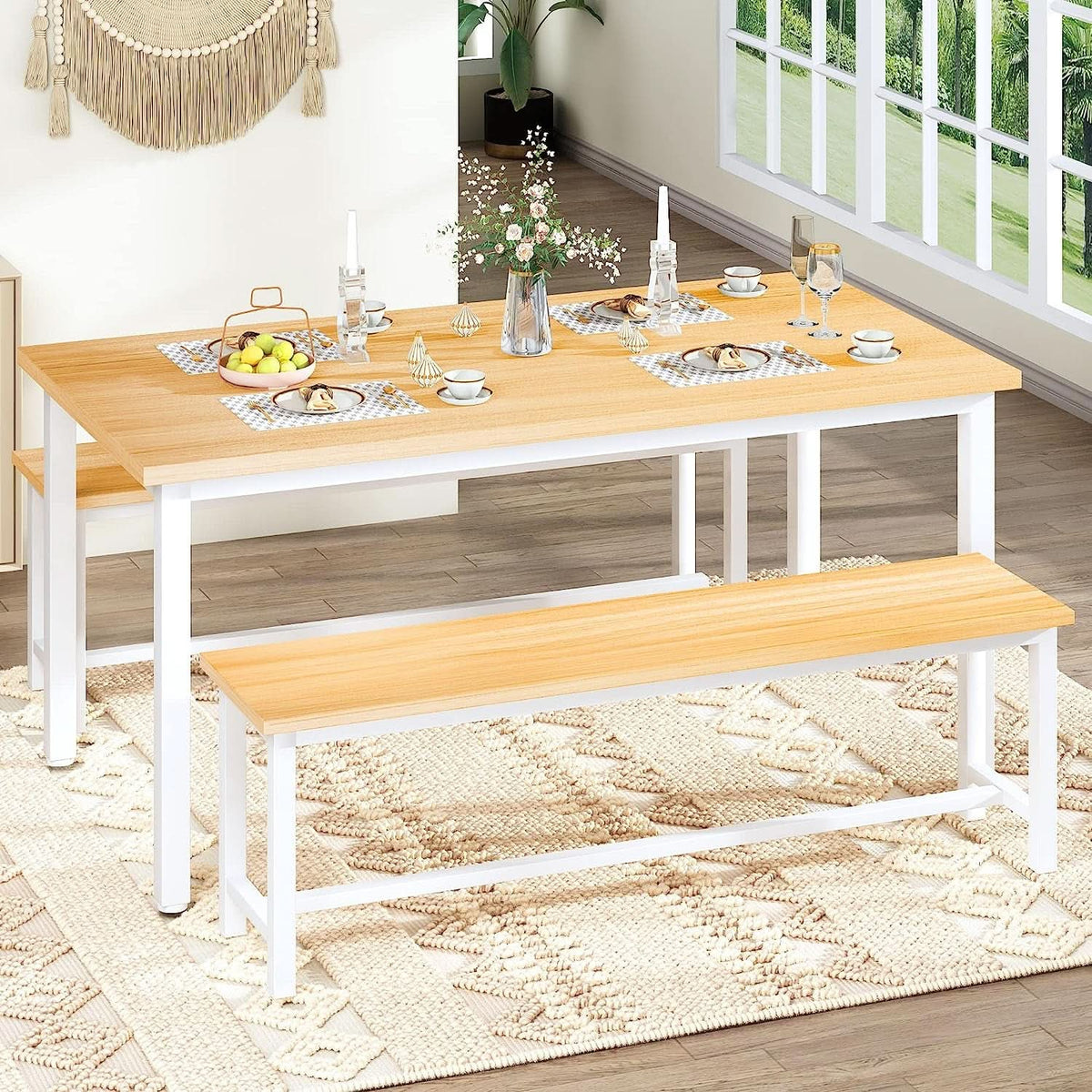 Counter Height Dining Table Set Gold White Benches