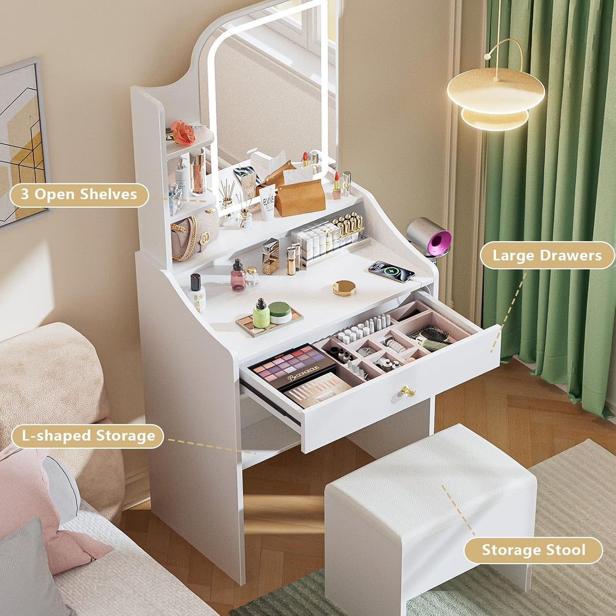 White Minimalist Vanity Desk With Illuminated Mirror