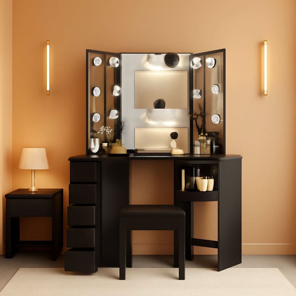 Corner Vanity Desk Black Illuminated Mirror Lights