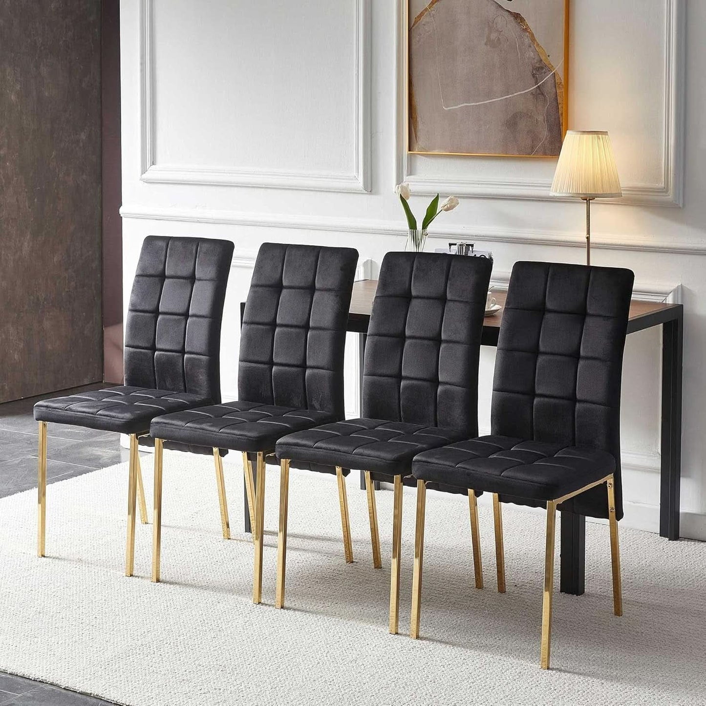 Black Velvet Dining Chairs Set of 4 with Golden Metal Legs