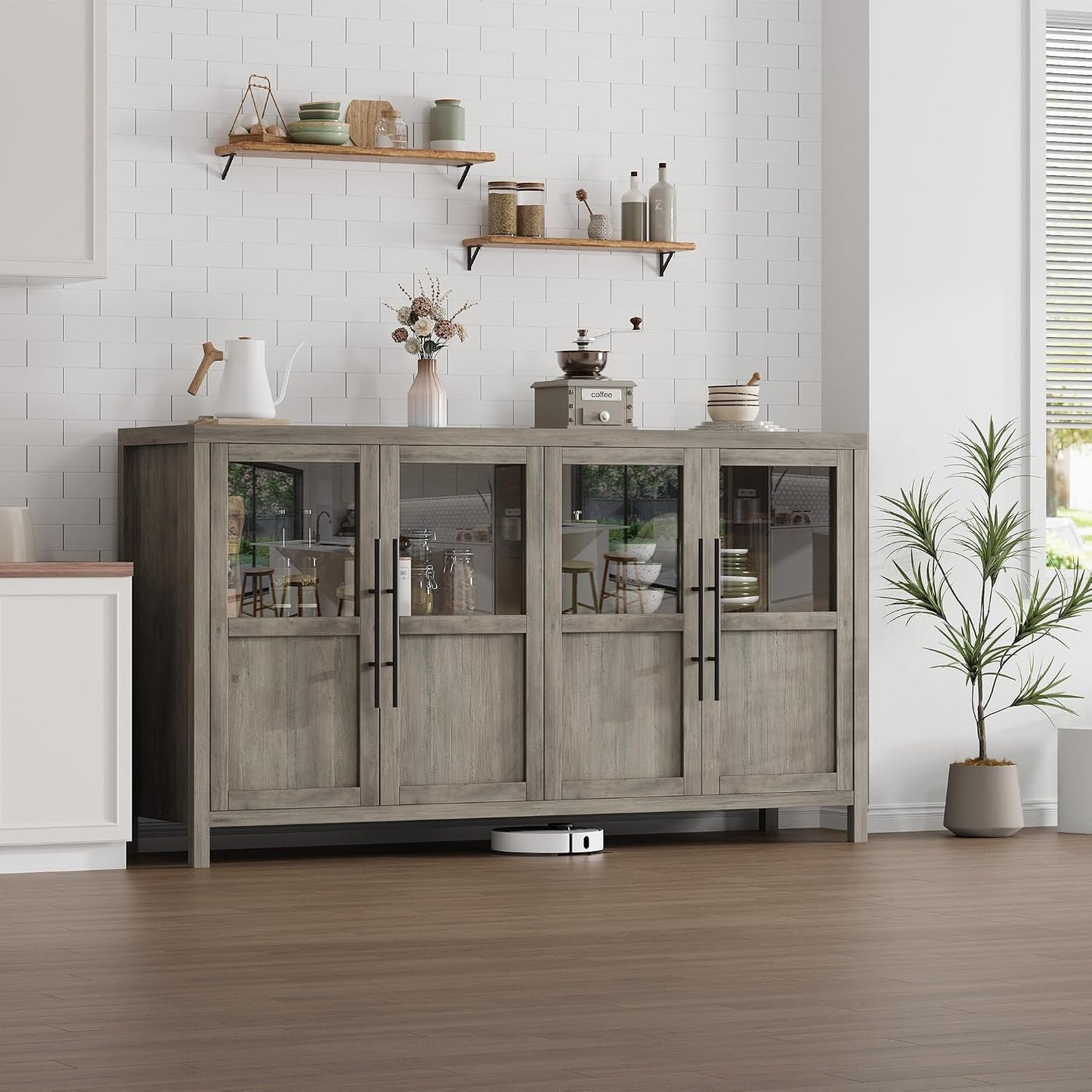 Fifty Five Inch Grey Buffet Cabinet Glass Doors Storage