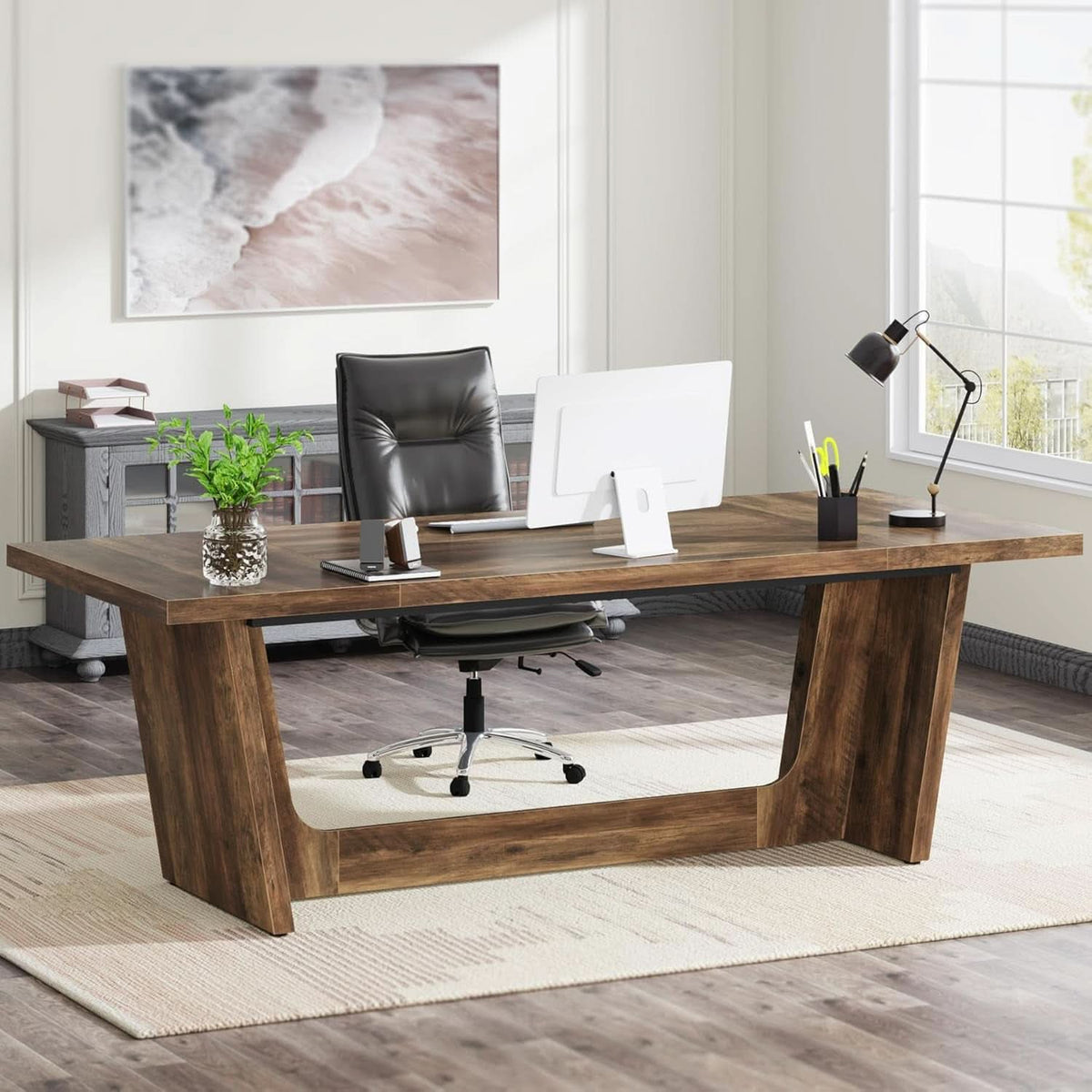 71 Inch Brown Executive Wood Computer Desk For Home Office