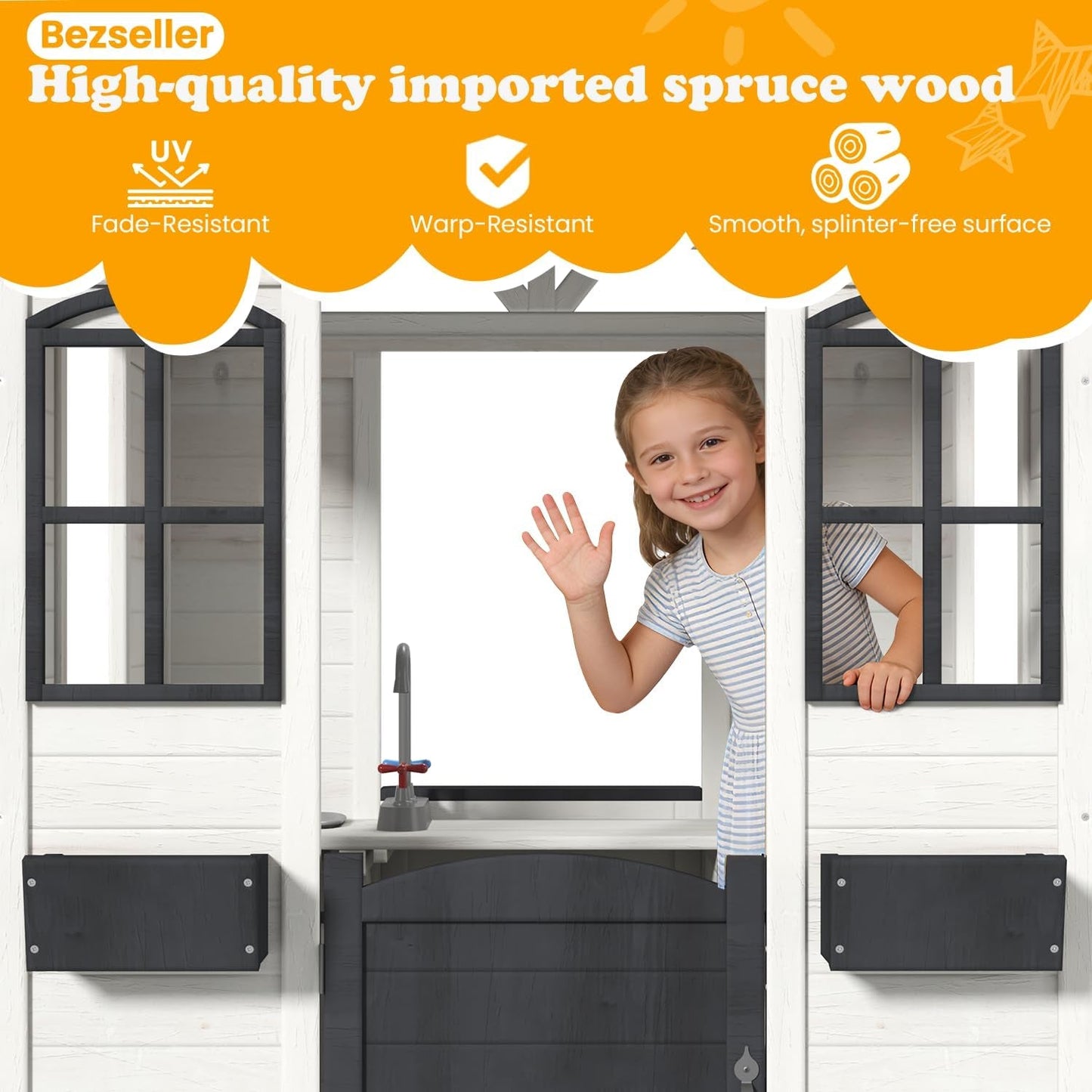Outdoor Weatherproof Wooden Playhouse White Kitchen