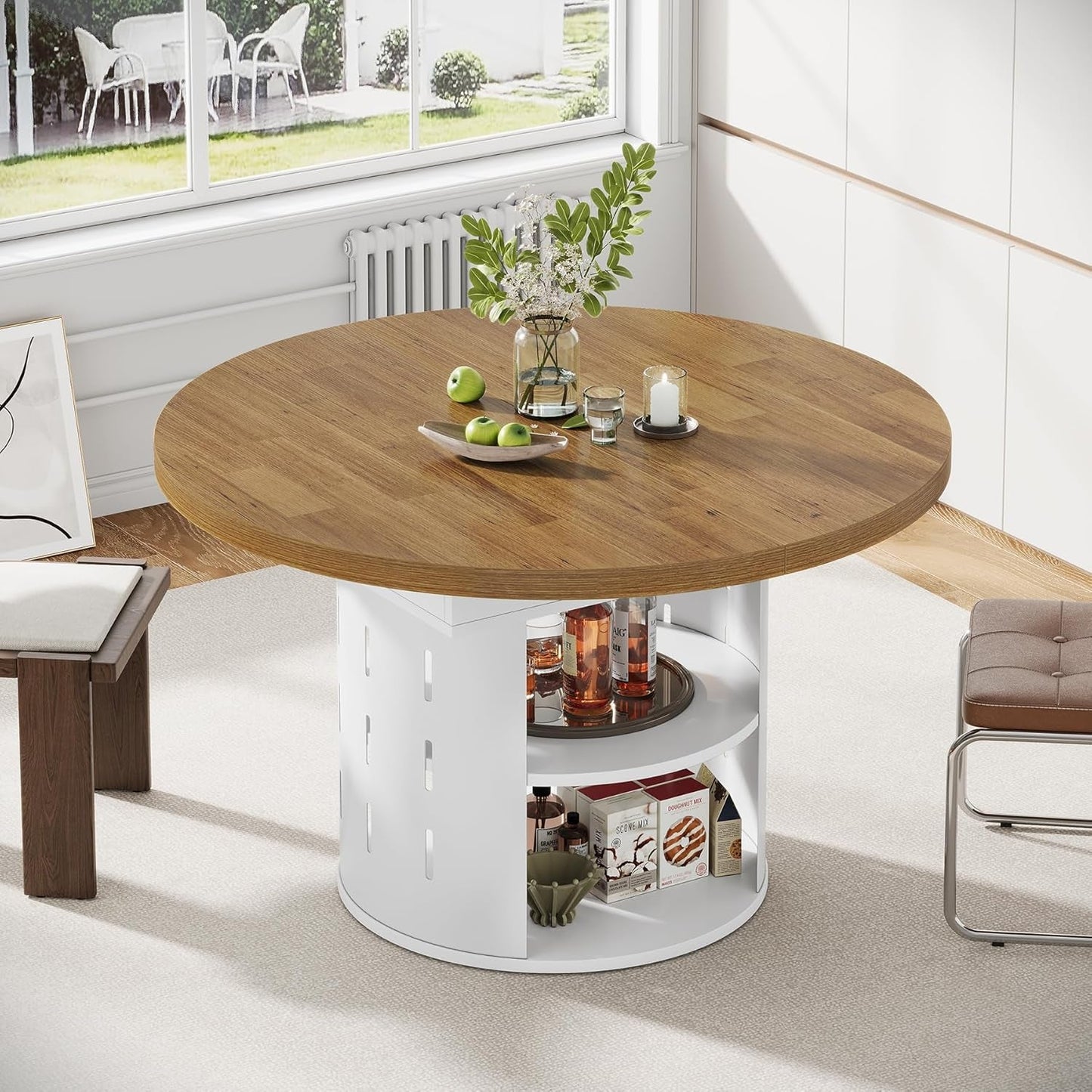 Extendable Round Dining Table FortyThree Inch Storage Cabinet