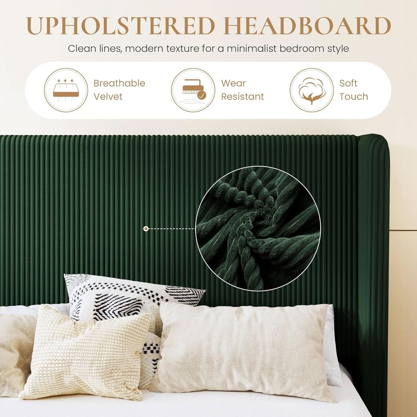 Queen Size Corduroy Upholstered Dark Green Bed Frame