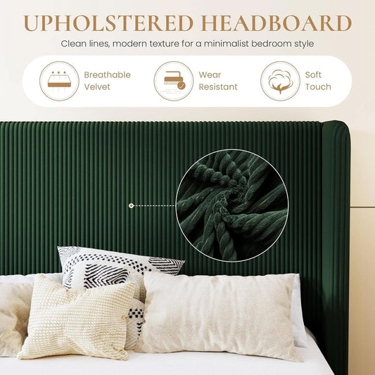 Queen Size Corduroy Upholstered Dark Green Bed Frame