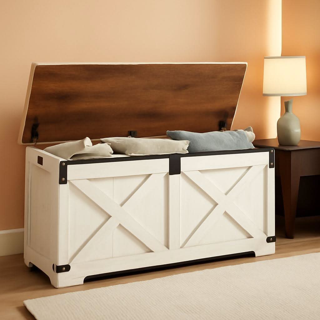 Forty Seven Point Two Inch Lift Top Storage Chest White Brown Bench