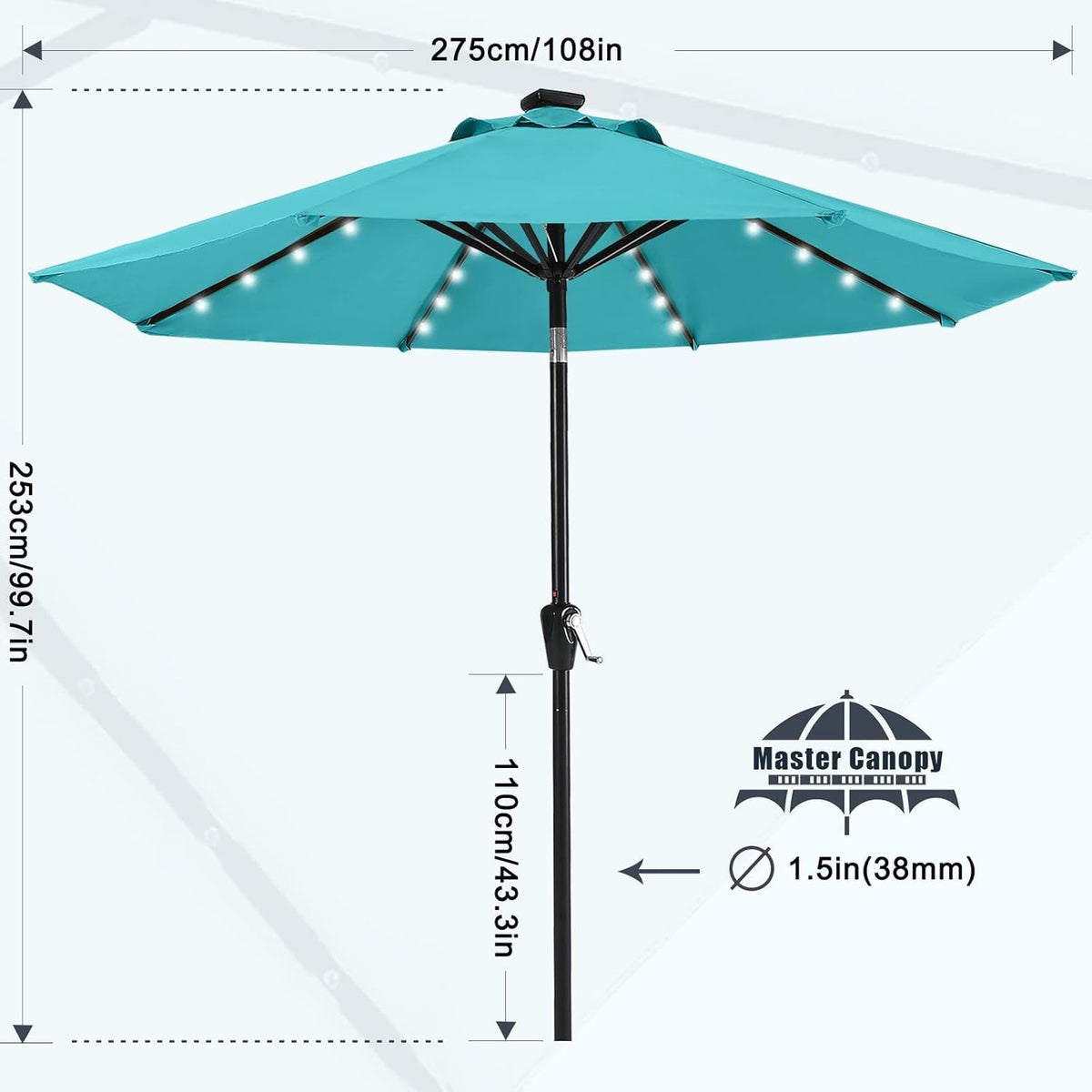 9ft Turquoise Outdoor Patio Umbrella SolarLED Tilt