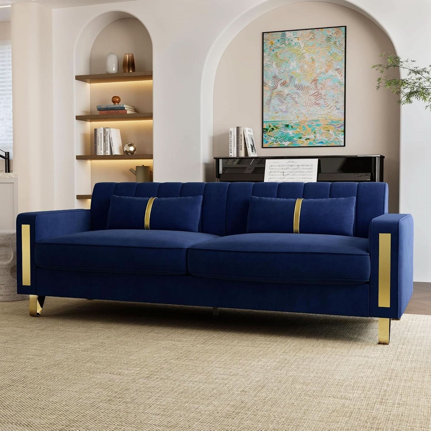 2 Piece Velvet Loveseat Sofa Set For Living Room 86 Inch Blue With Gold Metal Legs And 4 Pillows-2