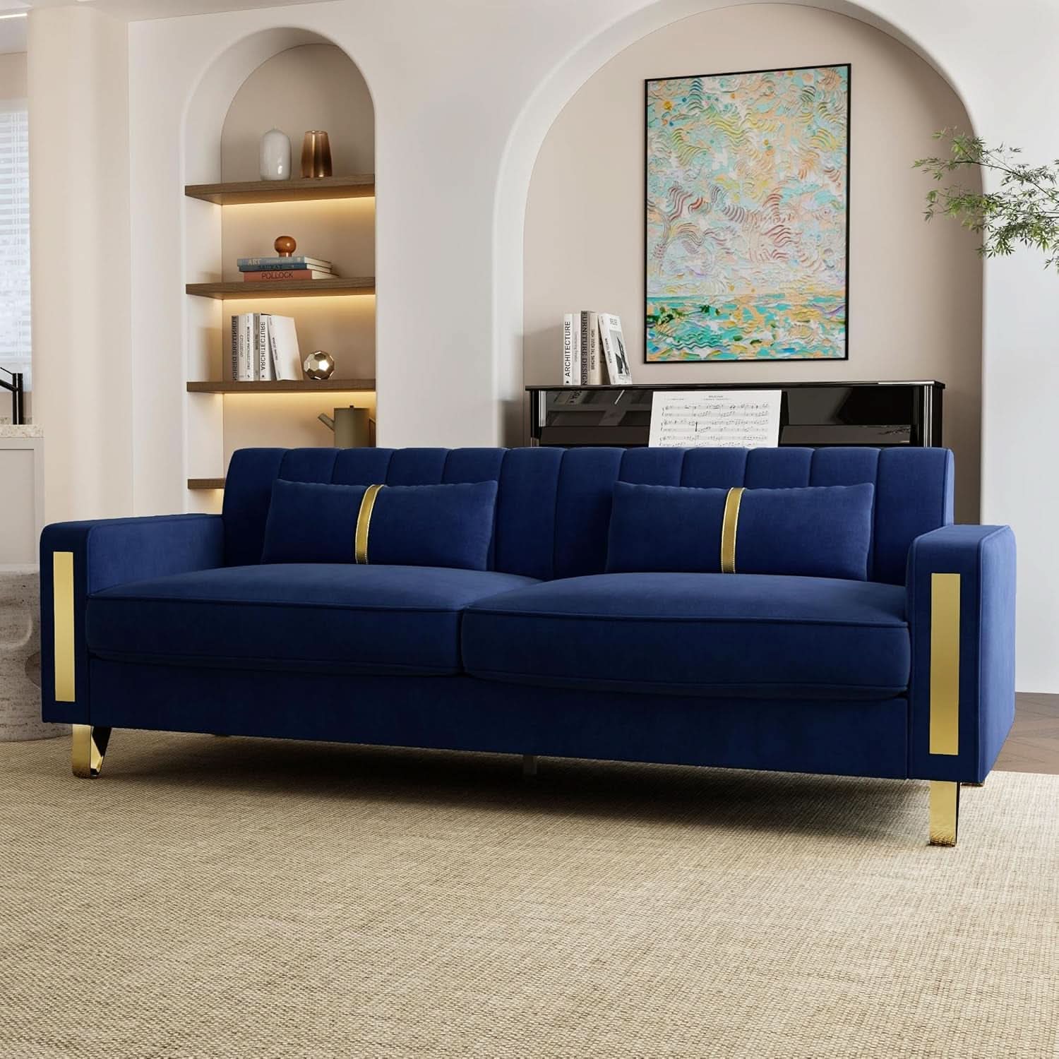 2 Piece Velvet Loveseat Sofa Set For Living Room 86 Inch Blue With Gold Metal Legs And 4 Pillows-2
