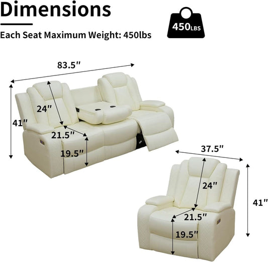 White Leather Power Reclining Sofa Set for Living Room