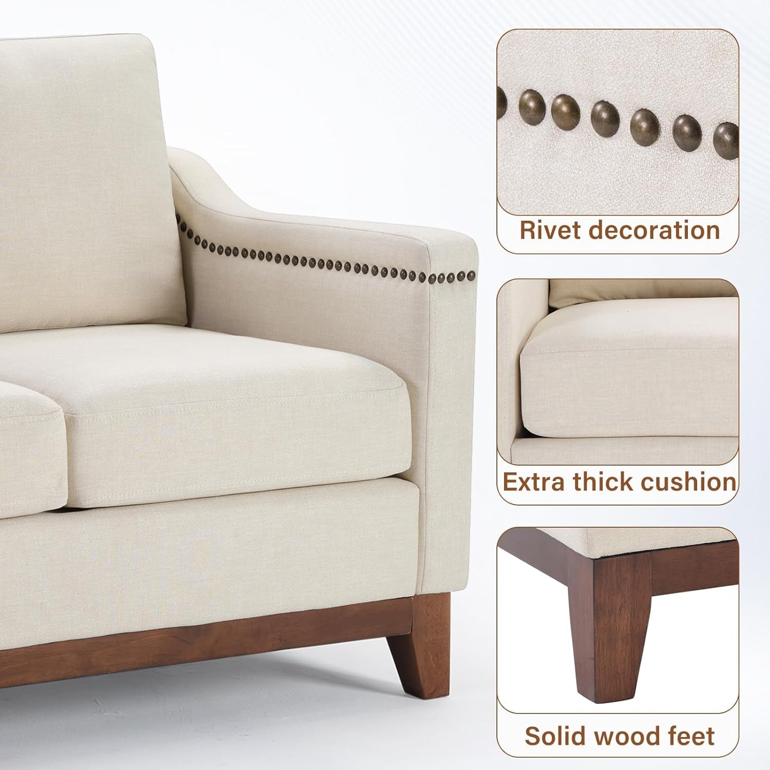 Beige ThreeSeater Upholstered Sofa With Nailhead Trim-2