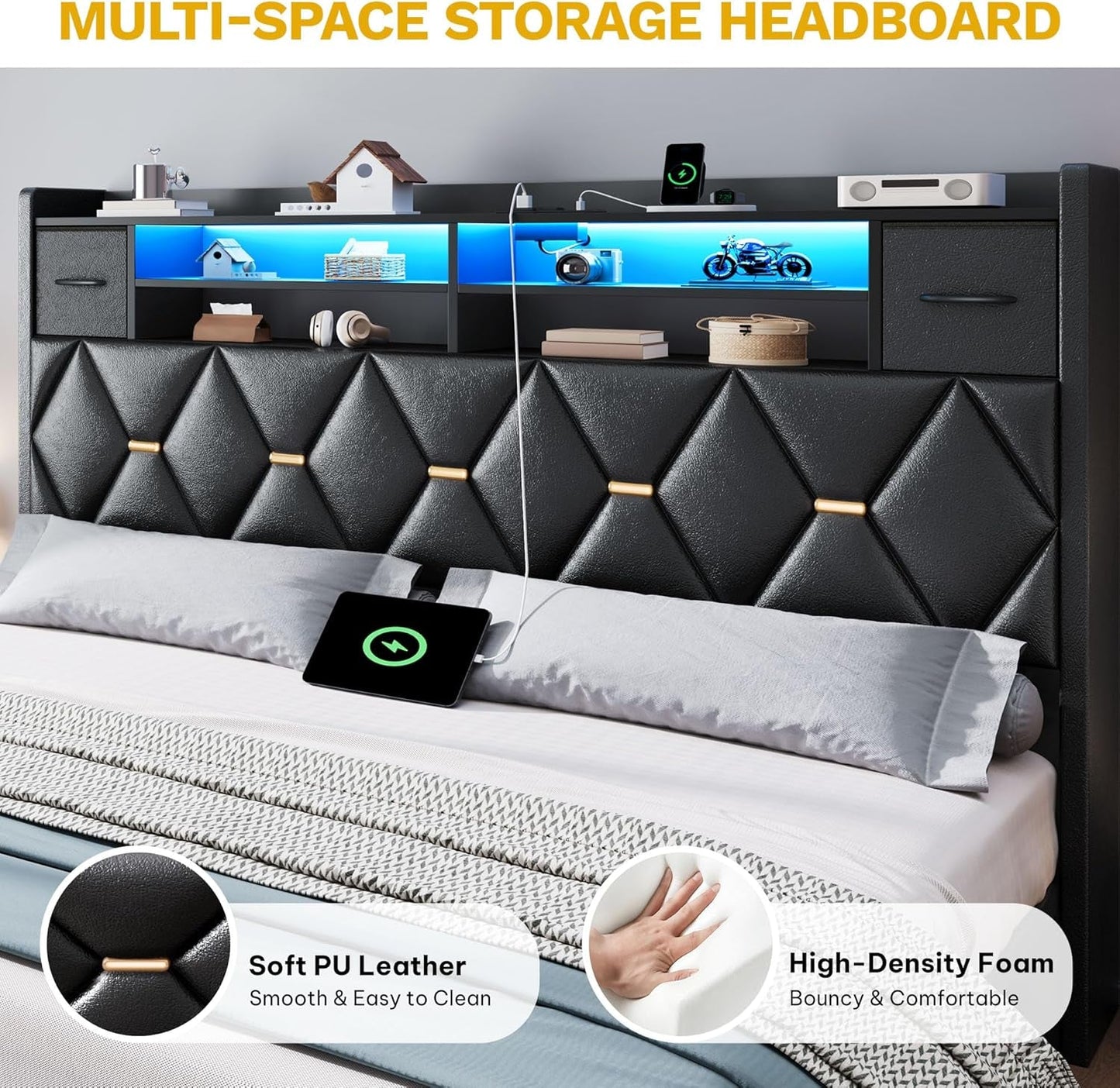 King Size Upholstered Platform Bed Headboard Storage