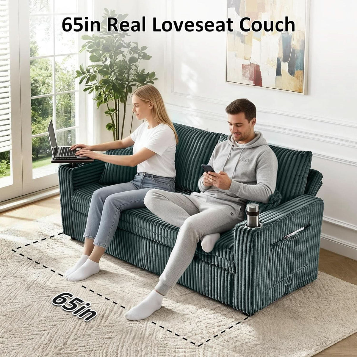65Inch Sleeper Sofa Bed CorduroyFabric Emerald Green-4