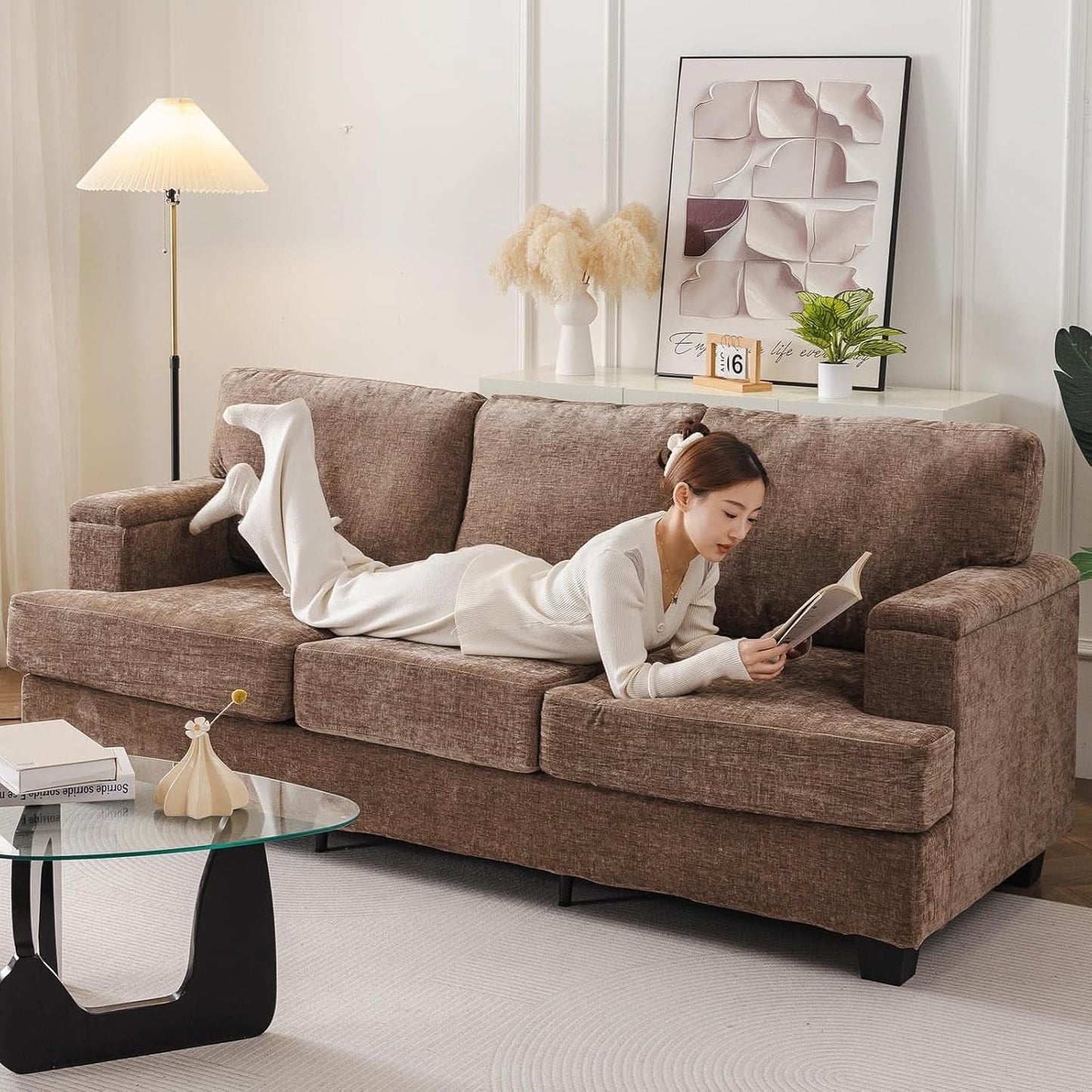 85 Inch L Shaped Couch Armrest Organizer Movable Ottoman-4