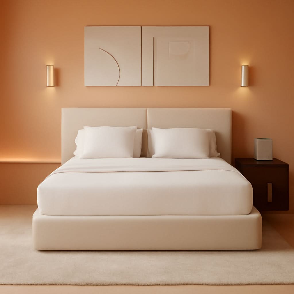 Queen Beige Platform Bed Frame Noisefree Headboard