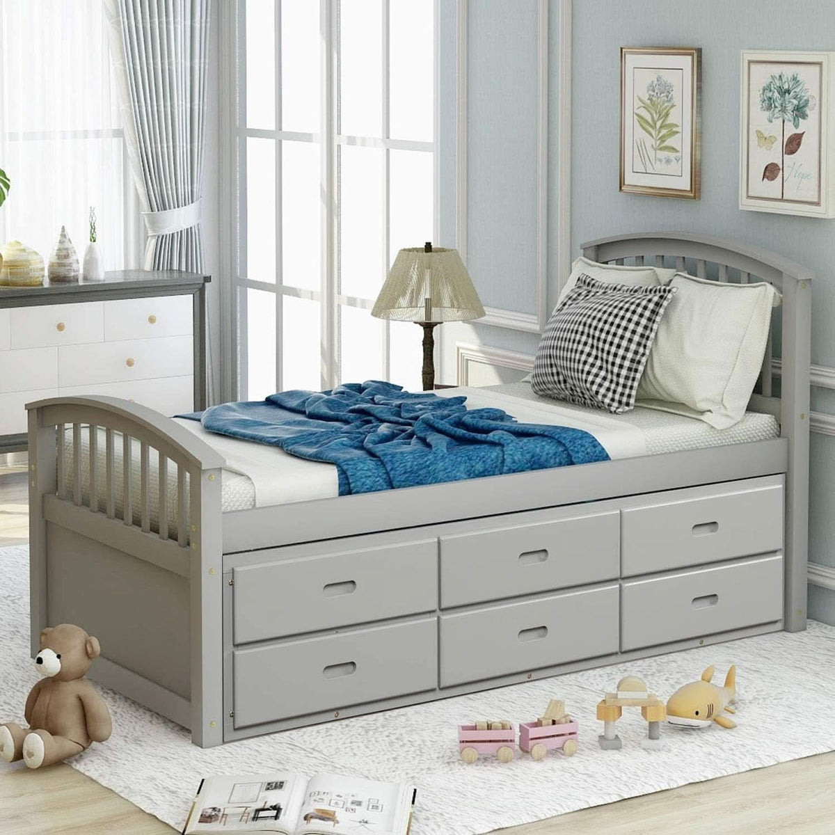 Platform Storage Bed Solid Wood Bed with 6 Drawers Twin Size