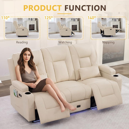 Power Loveseat Recliner Sofa Beige Ambient Lighting
