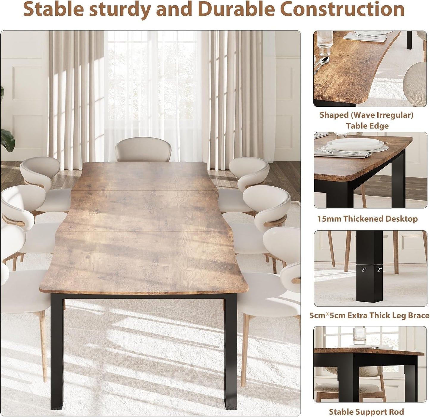 Retro Brown Rectangular Dining Table Sturdy Construction