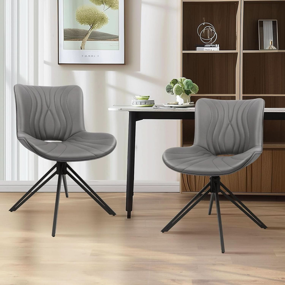 Grey Upholstered 360 Swivel Dining Chairs TwinPack