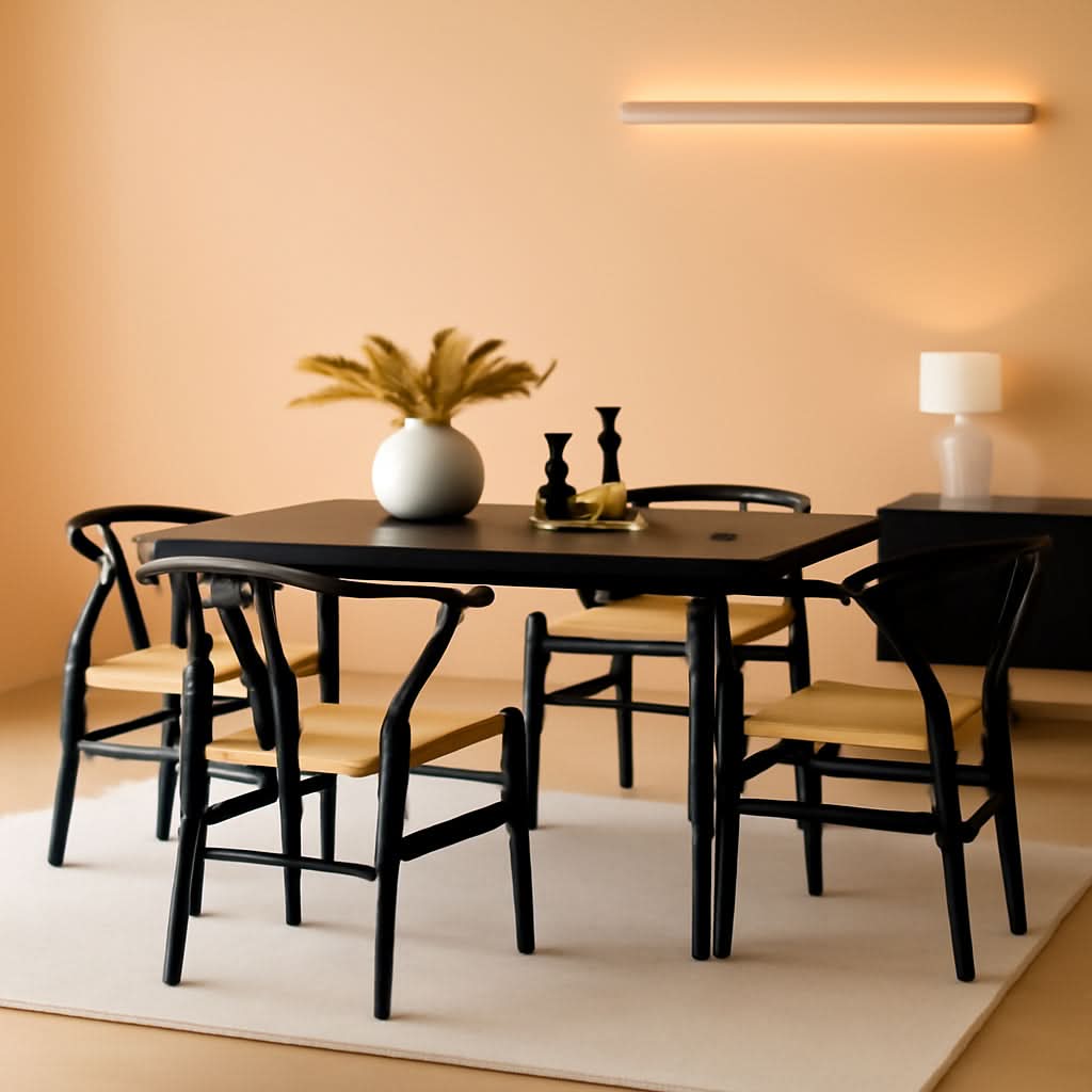 Black Rattan Weave Dining Chairs Set 2 Mid Century Modern