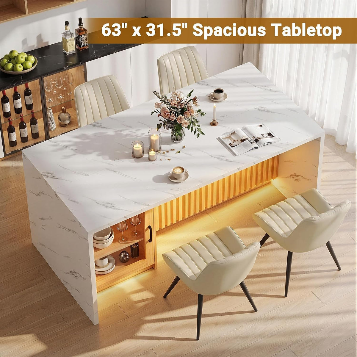 Contemporary 63 Inches Rectangular Dining Table Marble