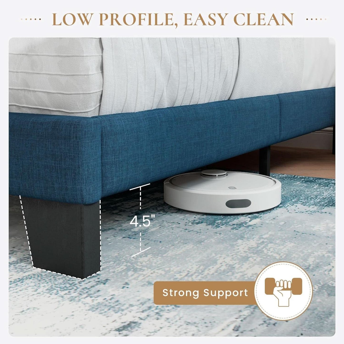 Full Platform Bed Frame Blue Upholstered Headboard