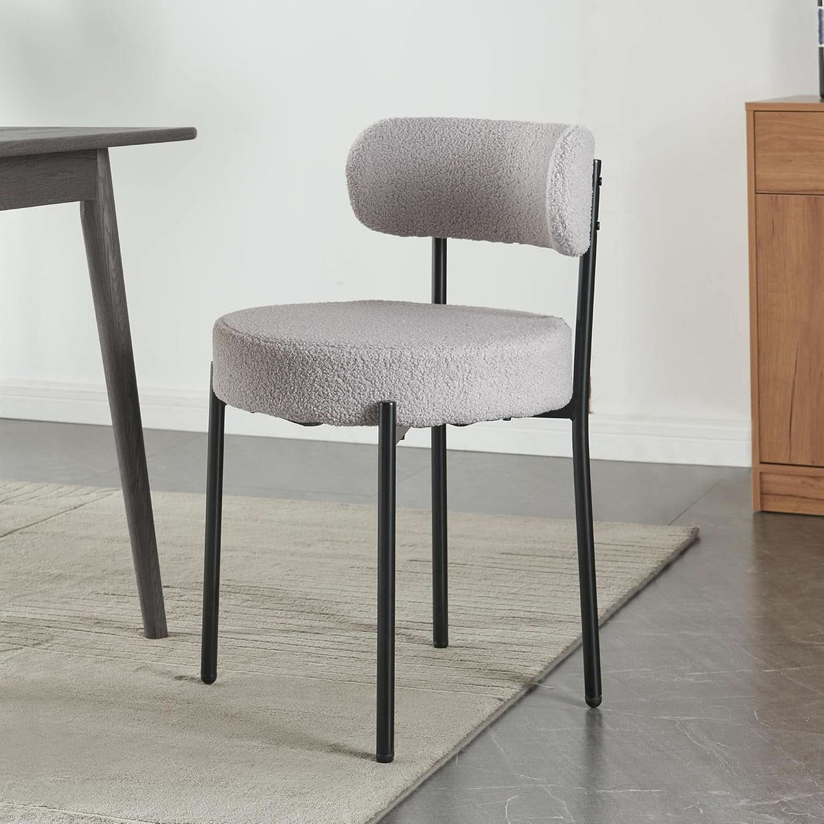 Round Upholstered Boucle Dining Chair Grey With Black Legs
