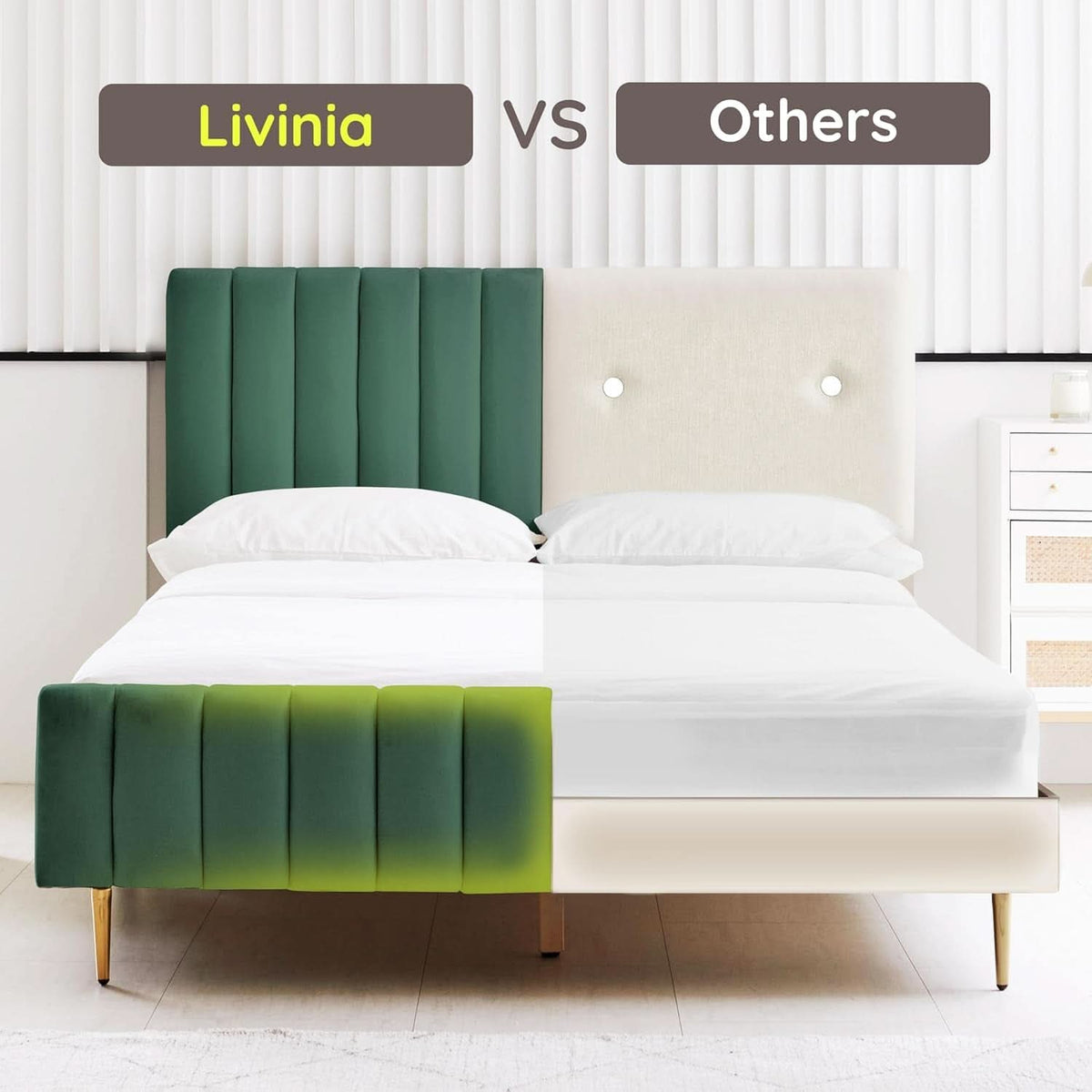 Queen Size Velvet Platform Bed EmeraldGreen Headboard
