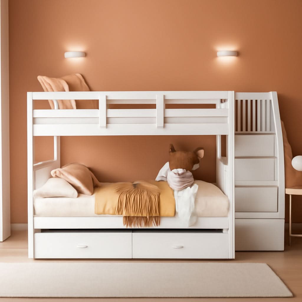 Twin Over Twin Bunk Bed With Stairs And Trundle White