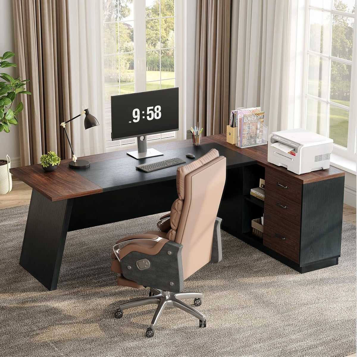 Brown 78Inch Executive Desk Featuring File Cabinet