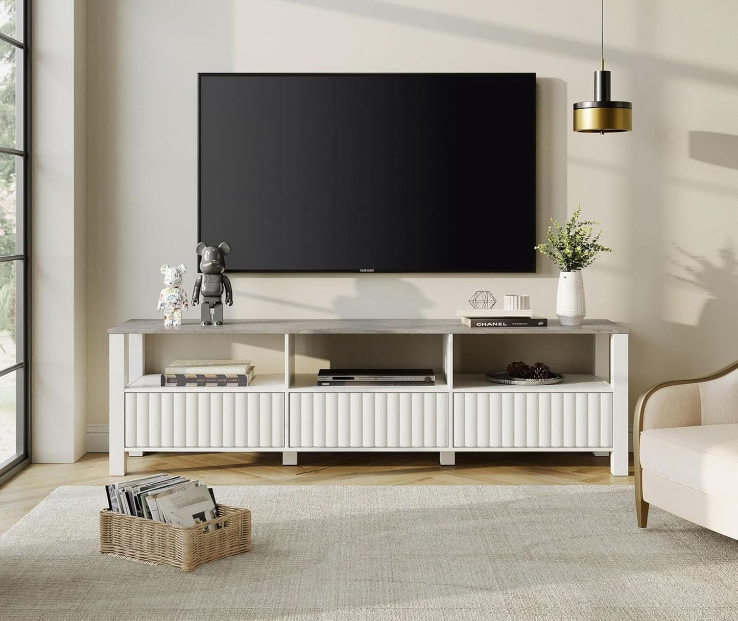 White TV Stand With Generous Storage LED Illumination