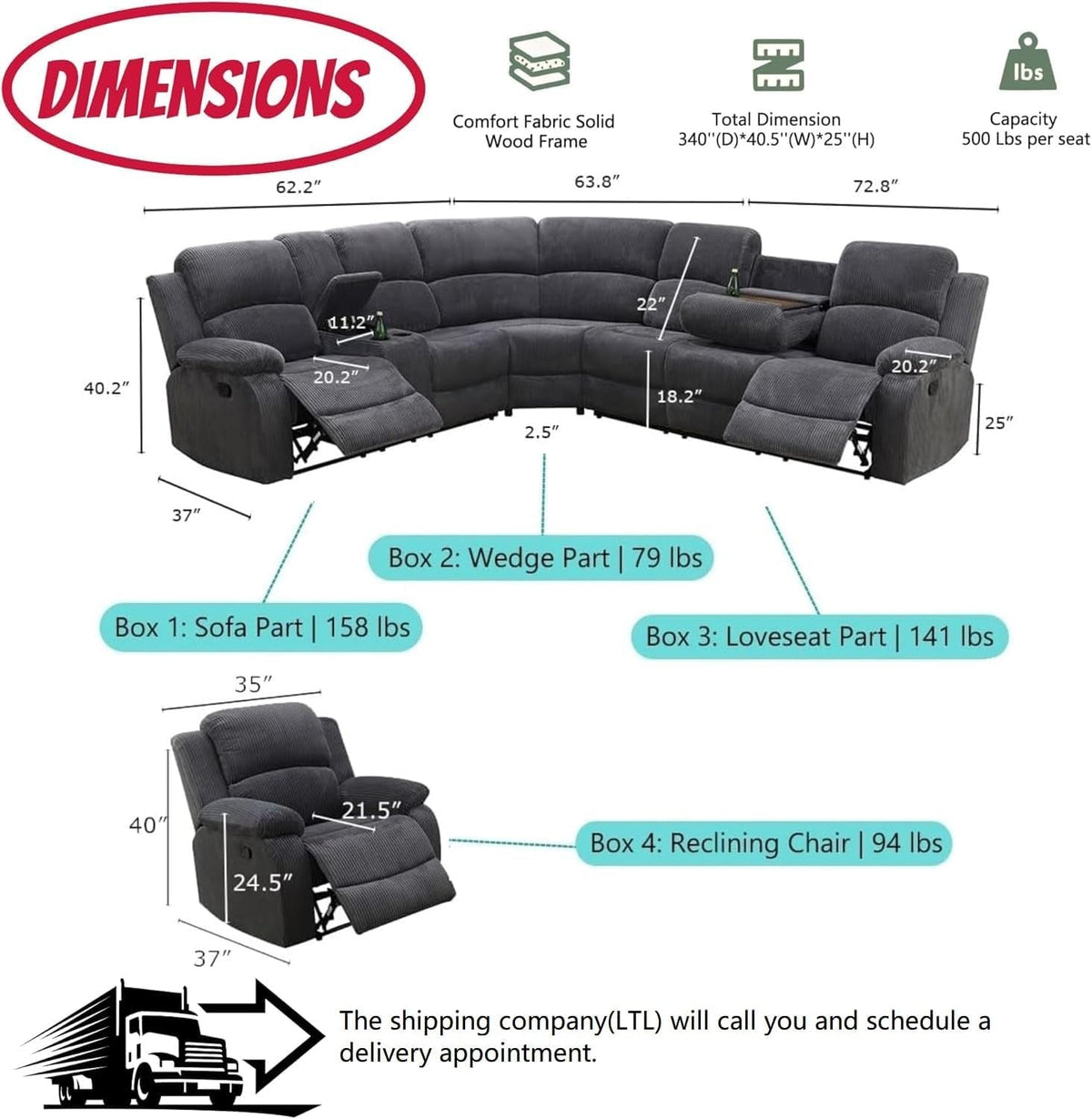 Midnight Grey Corduroy Manual Recliner Sectional Sofa