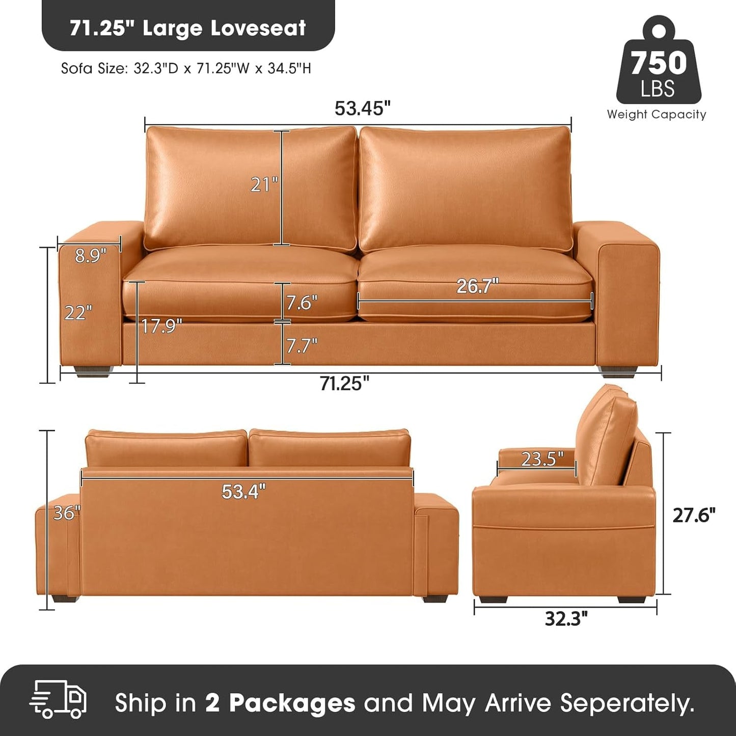 Faux Leather Loveseat Sofa 71Inch Brown Solid Wooden Frame