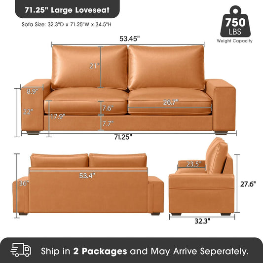 Faux Leather Loveseat Sofa 71Inch Brown Solid Wooden Frame