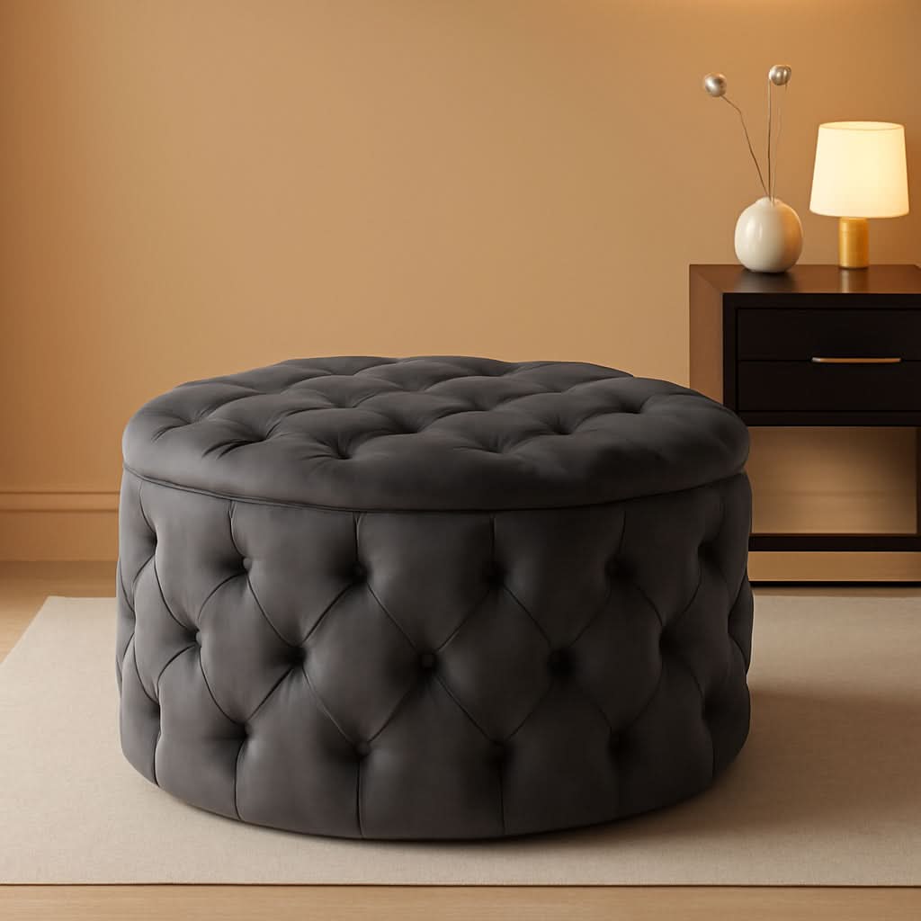 Grey Velvet Button Tufted Diamondlike Stitch Ottoman
