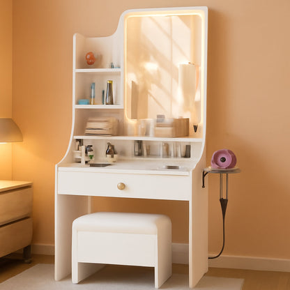 White Minimalist Vanity Desk With Illuminated Mirror
