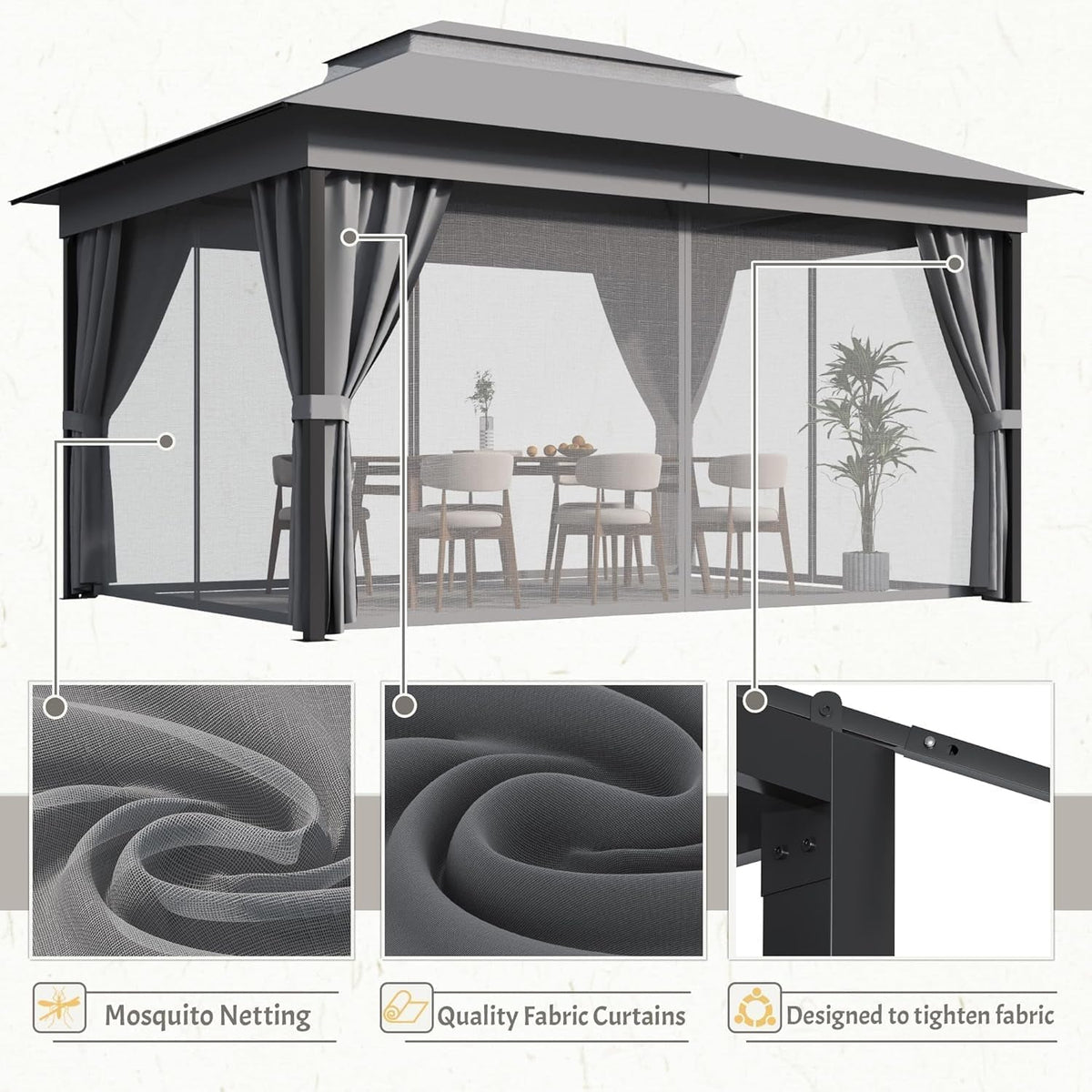 10x13 Outdoor Gazebo Integrated Mosquito Netting Grey